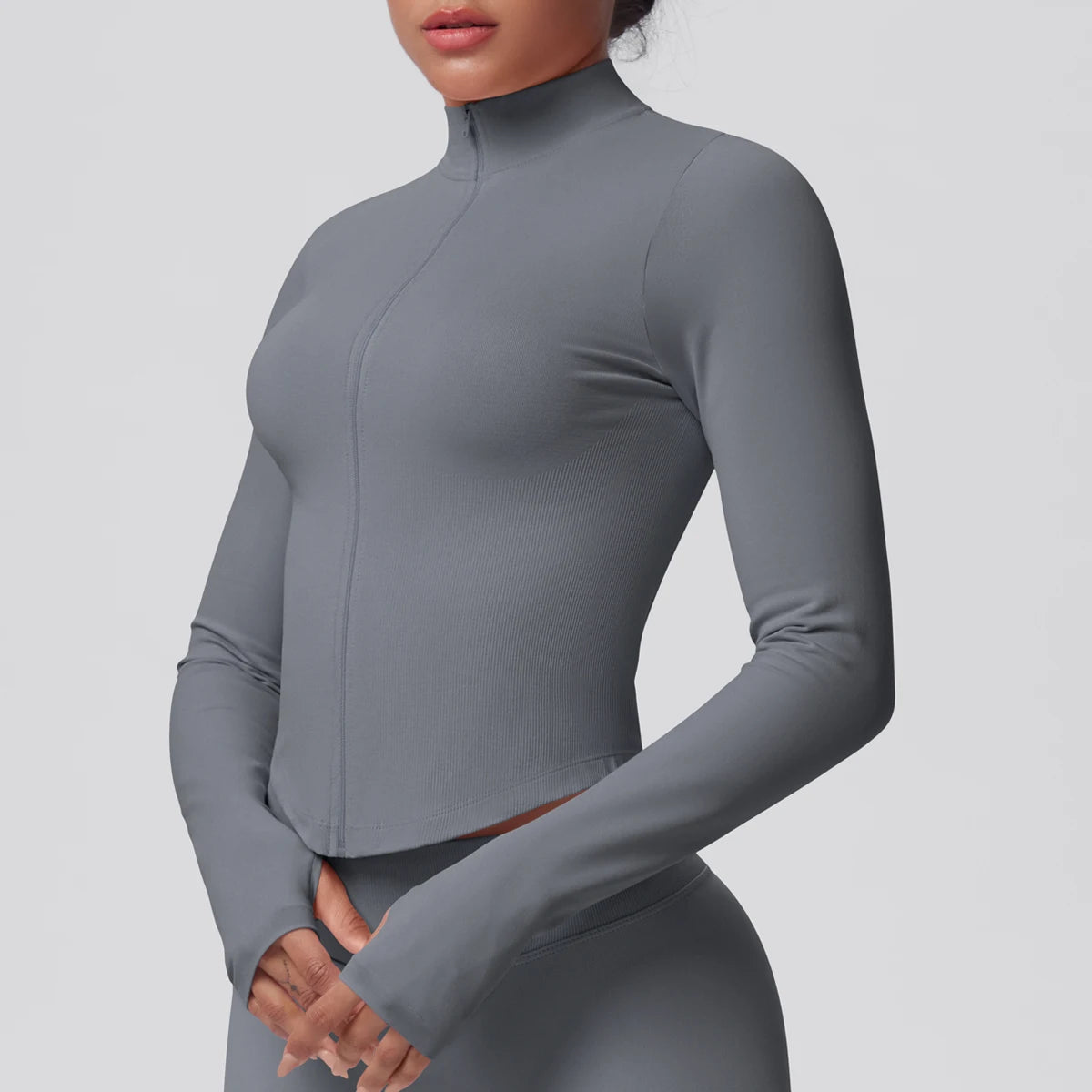 Hamidou Yoga-Jacke für Frauen, hochgeschlossen mit Reißverschluss, hellgrau