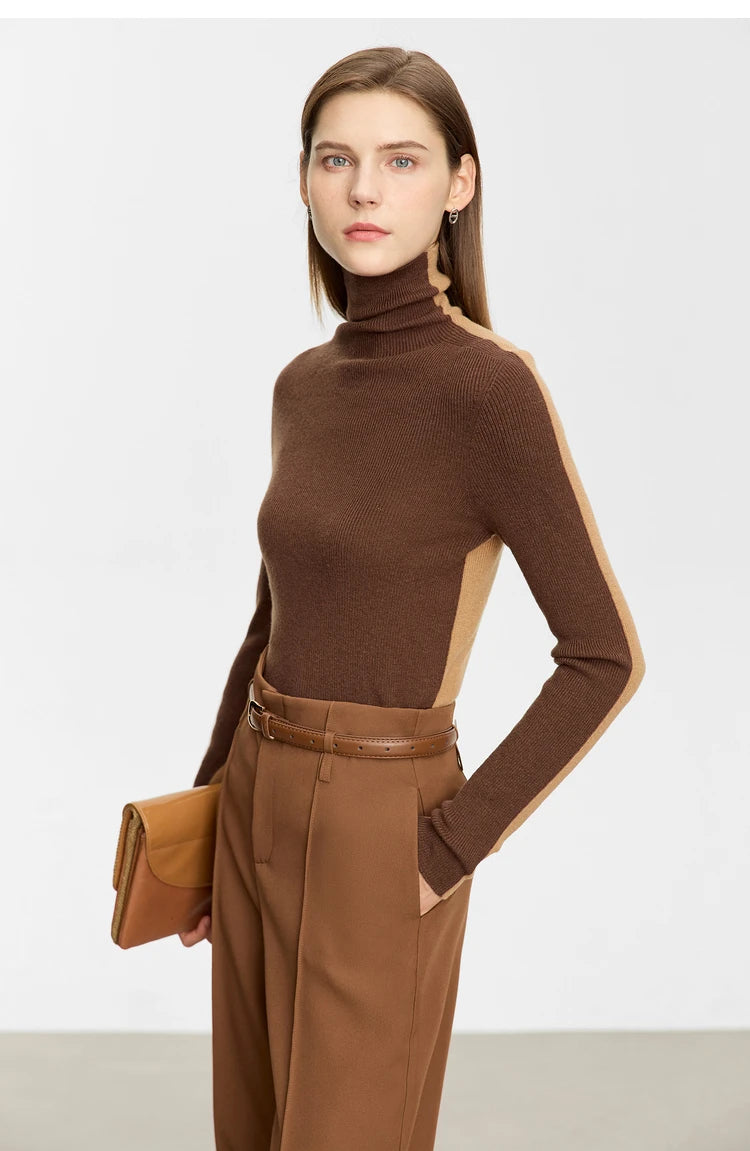 Damen-Rollkragenpullover 100 % Wolle Farbkontrast Slim Fit Frühling
