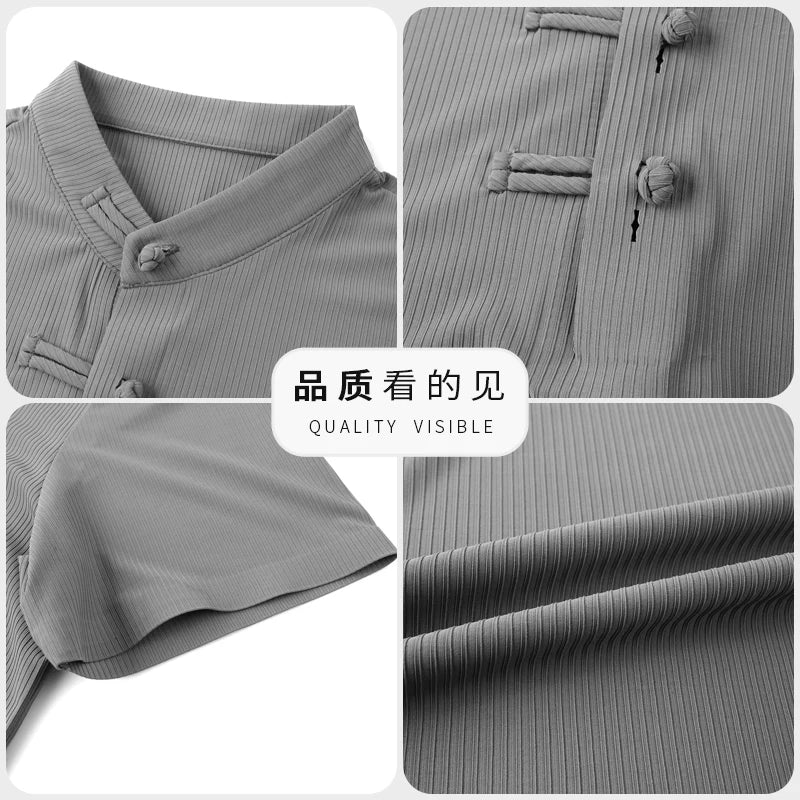 Herren T-Shirt im Chinesischen Stil mit Stehkragen und lässiger Passform