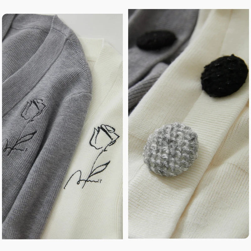 Damen-Strickjacke V-Ausschnitt Stickerei locker Langarm Herbst