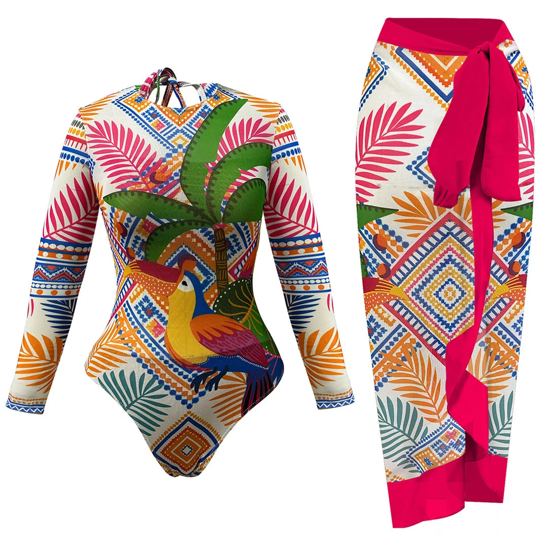 Damen-Badeanzug Print Langarm Sarong-Hose Set gepolstert