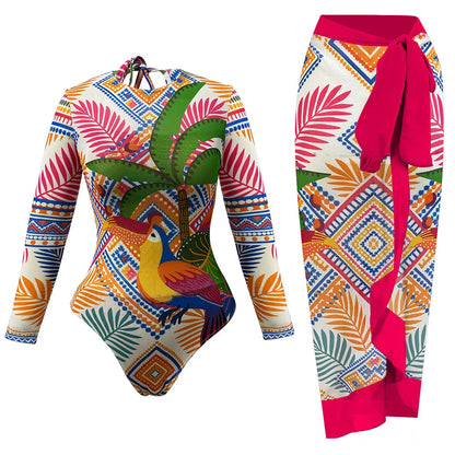 Damen-Badeanzug Print Langarm Sarong-Hose Set gepolstert