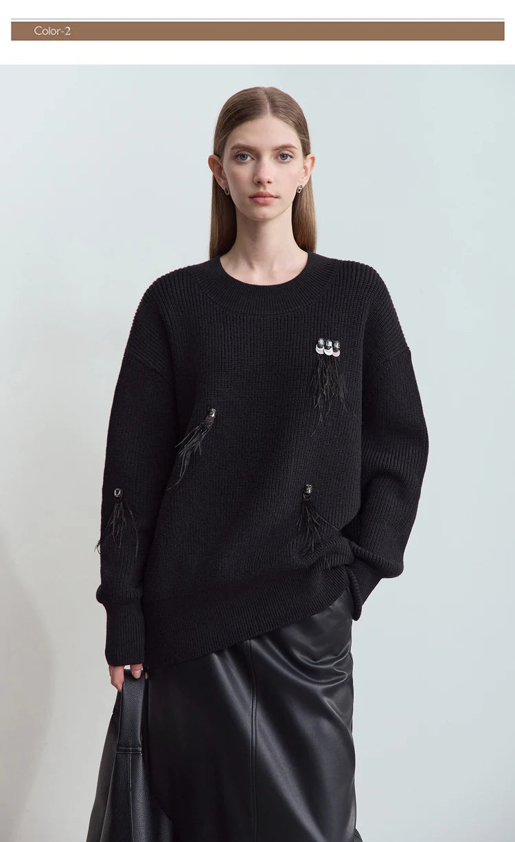 Damen-Rundhalspullover Perlen Strassapplikation locker Winter