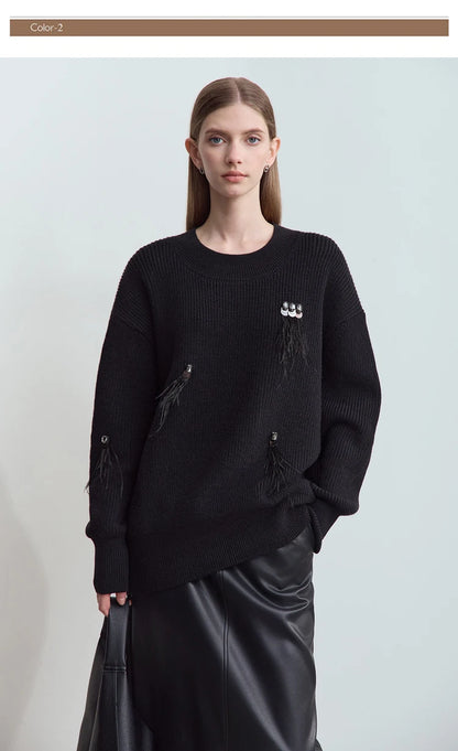 Damen-Rundhalspullover Perlen Strassapplikation locker Winter
