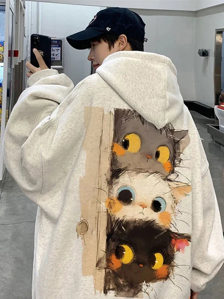 Frühling männer Cartoon Katzen Grafik Druck Hoodies Hip Hop Mode Mit Kapuze Sweatshirt Übergroßen Langarm Y2K Streetwear Hoodie