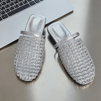 AIYUQI 2025, neue Stil, geschlossene Zehen-Damenhausschuhe, gewebte, rutschfeste römische Hausschuhe für Frauen, große Sommer-Strand-Damenschuhe