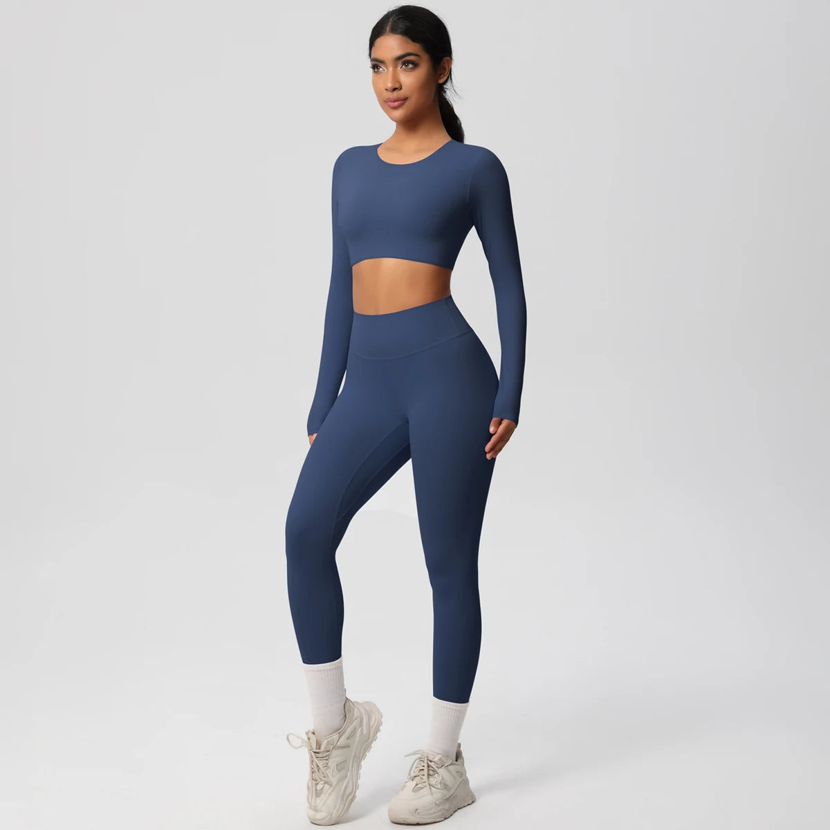 Yoga-Set aus langarmem Crop-Top und High-Waist-Leggings, dunkelblau