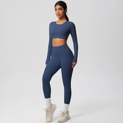Yoga-Set aus langarmem Crop-Top und High-Waist-Leggings, dunkelblau