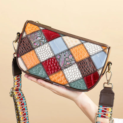 Damen-Schultertasche Patchwork-Leder Boho-Stil