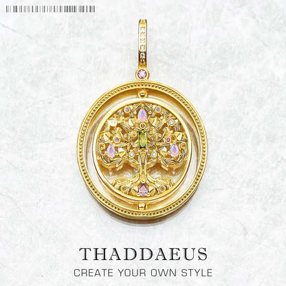 THADDAEUS runder Anhänger in Goldoptik mit Baum-Motiv und farbigen Steinen