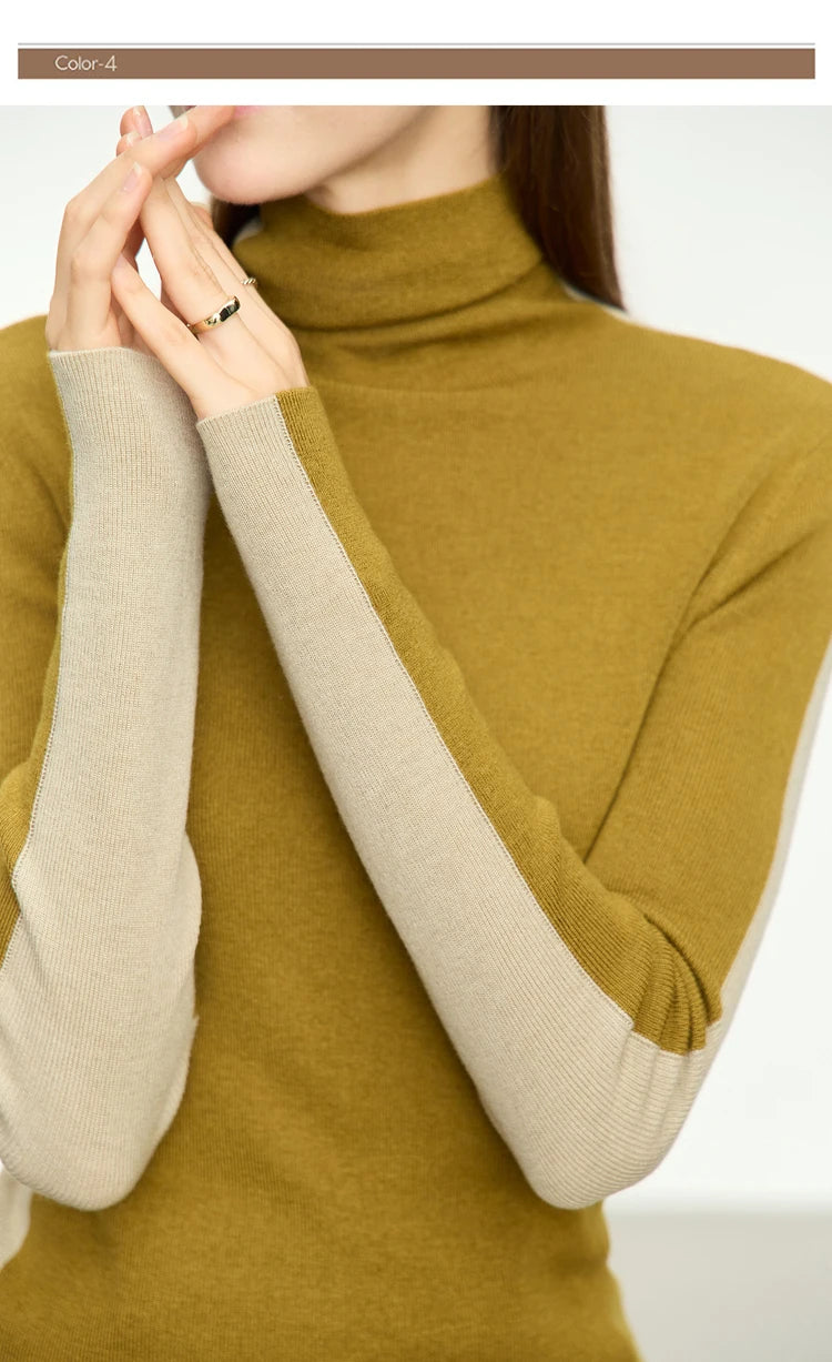 Damen-Rollkragenpullover Wolle-Mix Patchwork schlank Winter