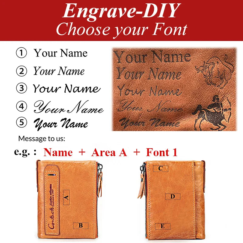 Personalisierbare Damen-Geldbörse, Gravur-DIY-Vorlage mit Schriftbeispielen auf Leder