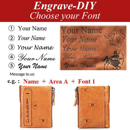 Personalisierbare Damen-Geldbörse, Gravur-DIY-Vorlage mit Schriftbeispielen auf Leder