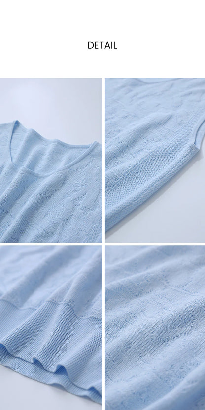 Damen-Rundhalspullover ärmellos Jacquard locker kurz Viskose Sommer