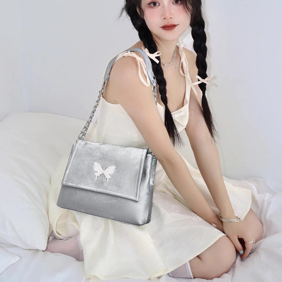 Elegante Damen Schultertasche aus PU-Leder mit Schmetterlings-Dekor