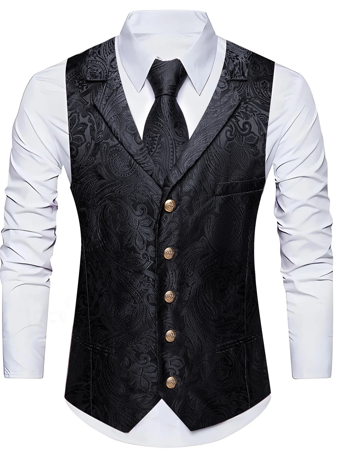 Herrenweste-Set mit Krawatte, schwarze Paisley-Jacquardweste mit goldenen Knöpfen
