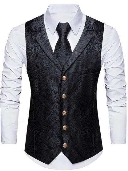Herrenweste-Set mit Krawatte, schwarze Paisley-Jacquardweste mit goldenen Knöpfen