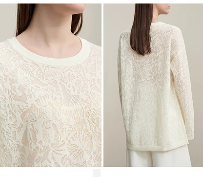 Damen-Rundhalspullover Jacquard Raglan locker lang Lyocell Frühling