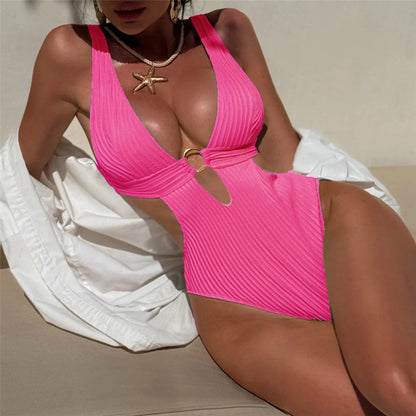 Damen Badeanzug tiefer V-Ausschnitt Cut-Out Monokini hoher Beinausschnitt 8 Farben