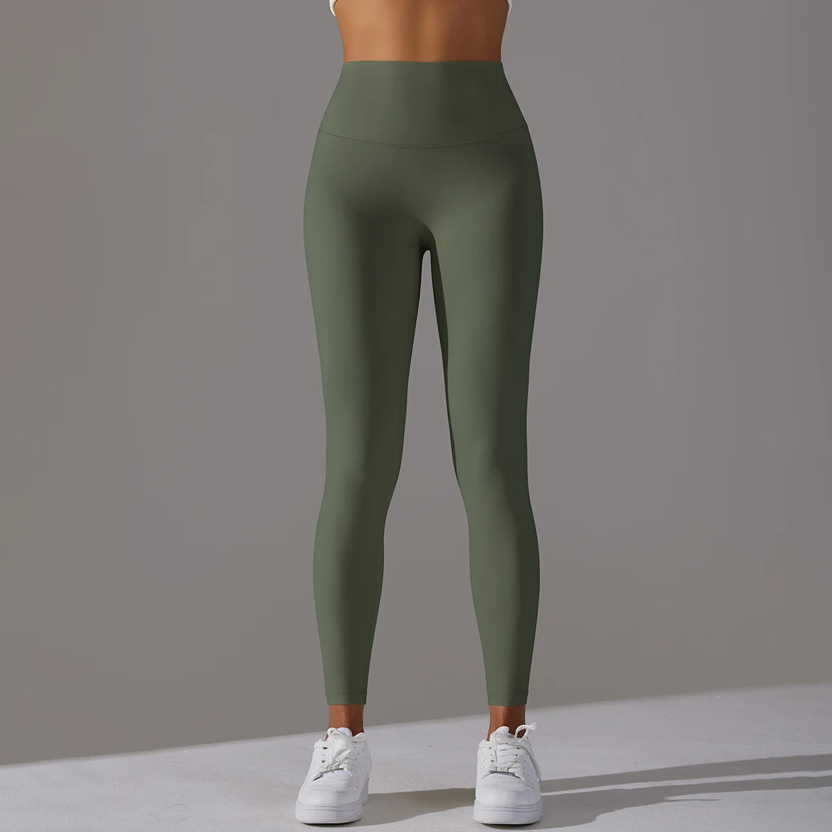 Nahtlose Yogahose, hoch tailliert, dunkles Grün, glatte Passform, langes Bein
