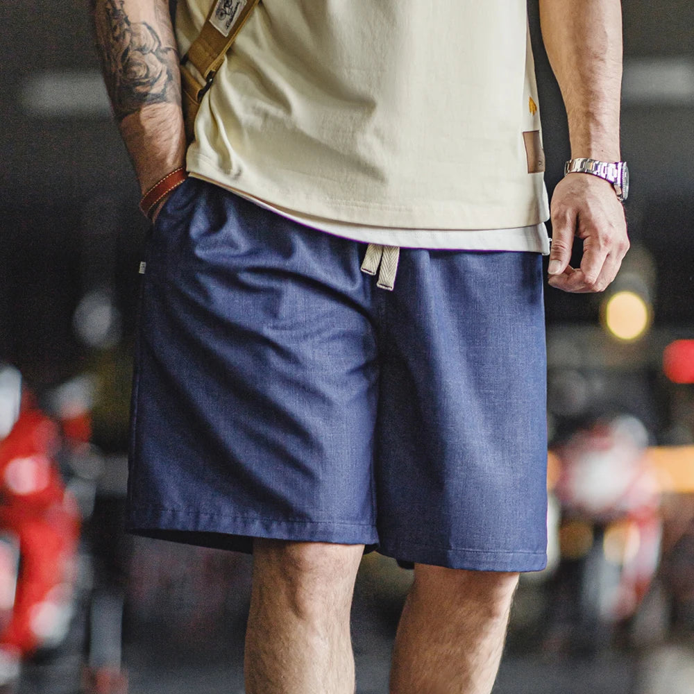 Herren Shorts im Retro-Stil aus gewaschenem Denim mit elastischem Bund und Kordelzug