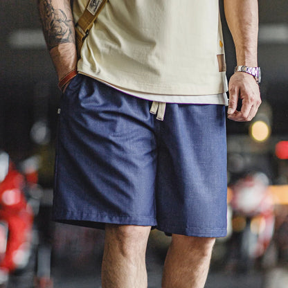 Herren Shorts im Retro-Stil aus gewaschenem Denim mit elastischem Bund und Kordelzug