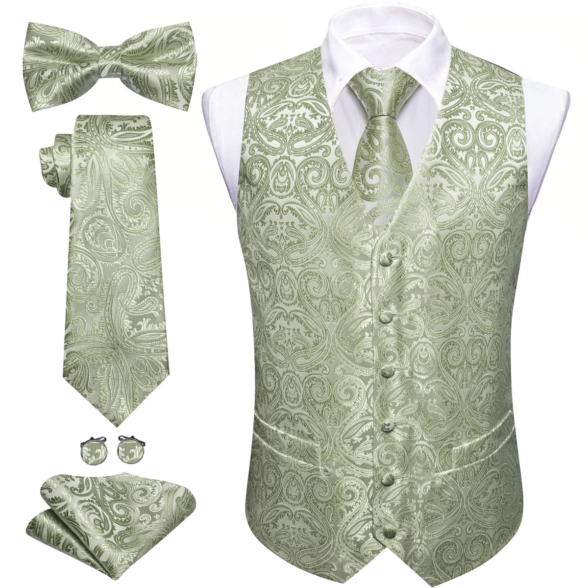 5-teiliges Business-Set: Anzugweste mit Paisley in Hellgrün, dazu Krawatte, Fliege & Einstecktuch.