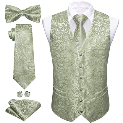 5-teiliges Business-Set: Anzugweste mit Paisley in Hellgrün, dazu Krawatte, Fliege & Einstecktuch.