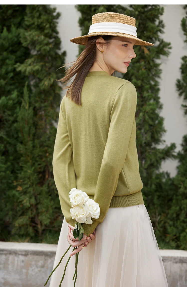 Wolljacke mit V-Ausschnitt, olivgrüne Strickjacke mit Knöpfen, Rückenausschnitt