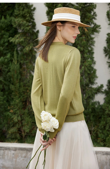 Wolljacke mit V-Ausschnitt, olivgrüne Strickjacke mit Knöpfen, Rückenausschnitt