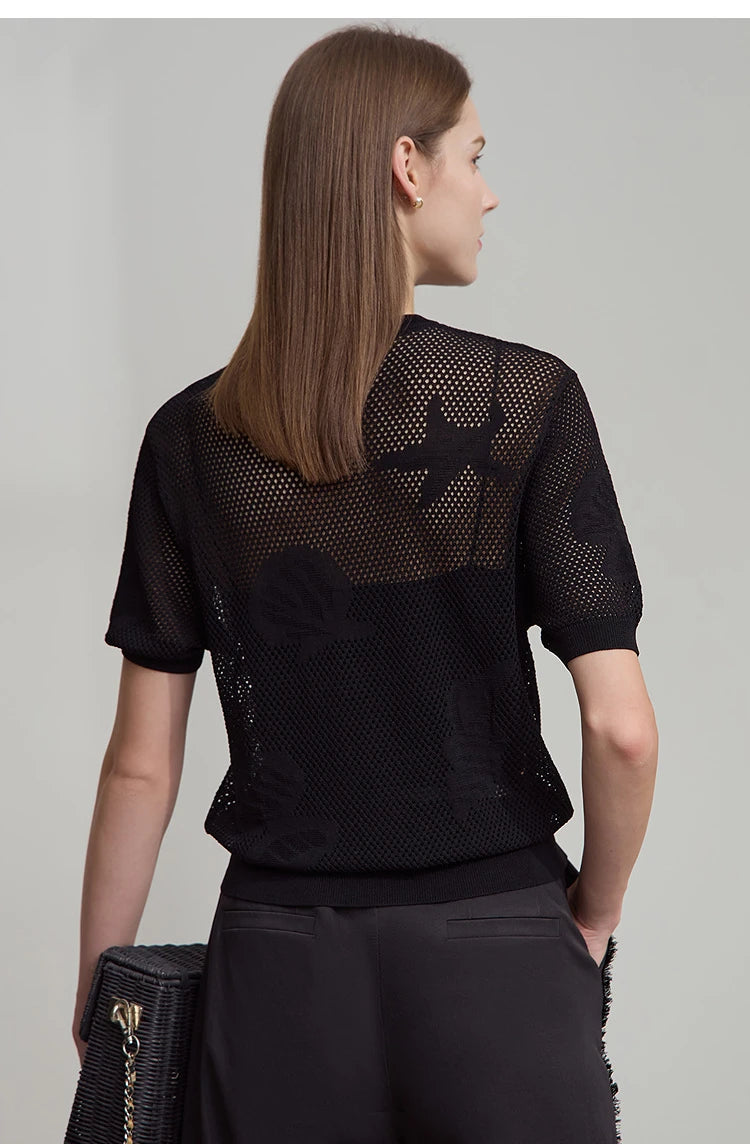 Damen Top im minimalistischen Ozean-Stil mit Perlenbesatz und durchbohrten Löchern