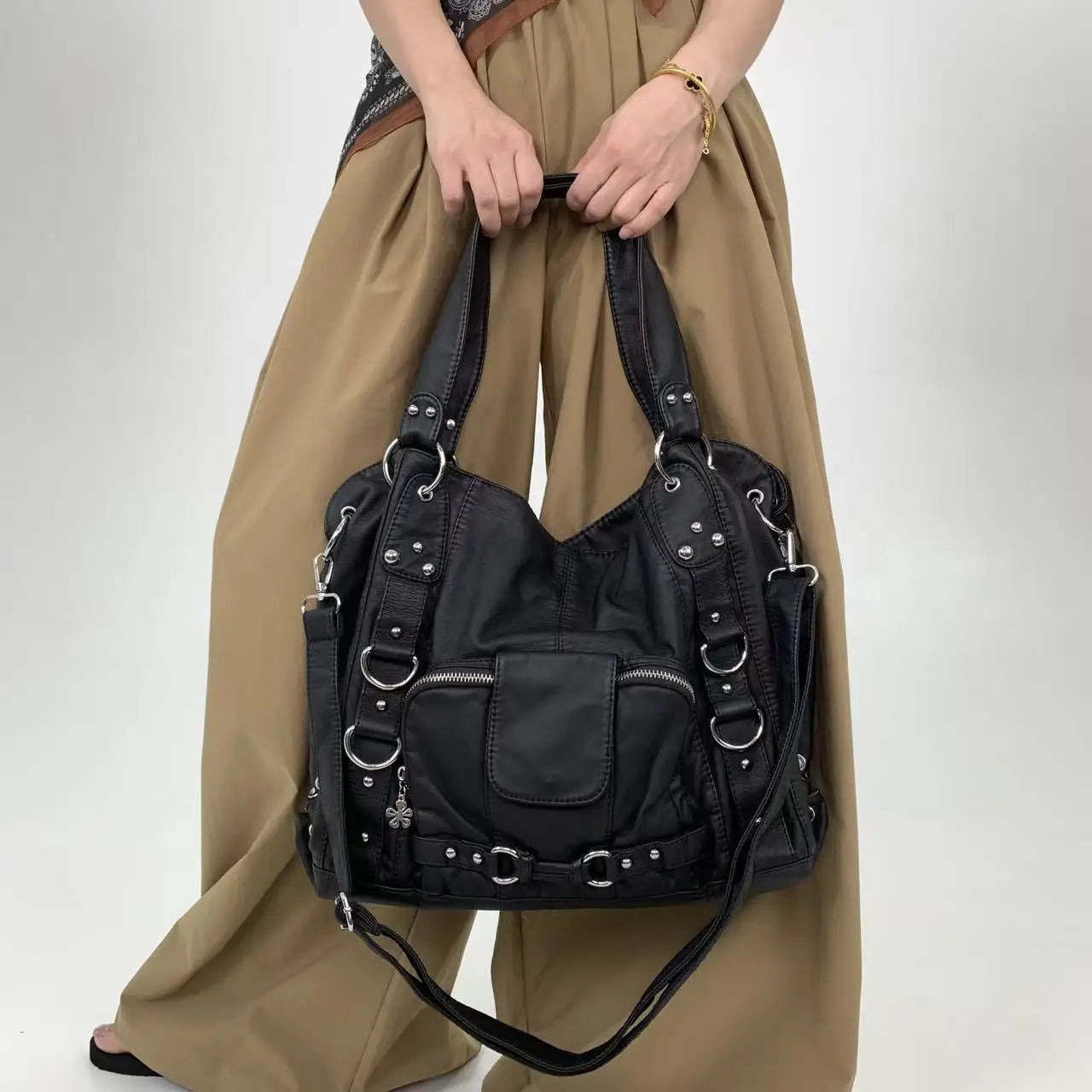 Damen-Vintage-Schultertasche Große Schwarze Mit Top-Griff Und Mehreren Fächern Für Viel Stauraum