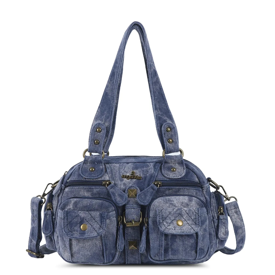 Blaue Vintage-Handtasche mit mehreren Taschen, kurzem Tragegriff und Seitenriemen