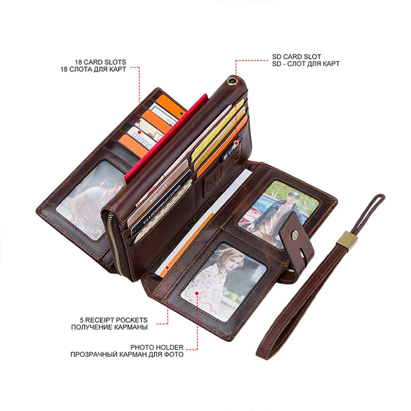 Herren Echtleder Clutch Lange Vintage Geldbörse Reißverschluss Kartenhalter Münzfach