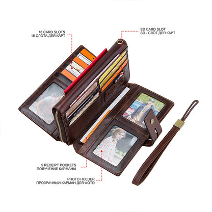 Herren Echtleder Clutch Lange Vintage Geldbörse Reißverschluss Kartenhalter Münzfach