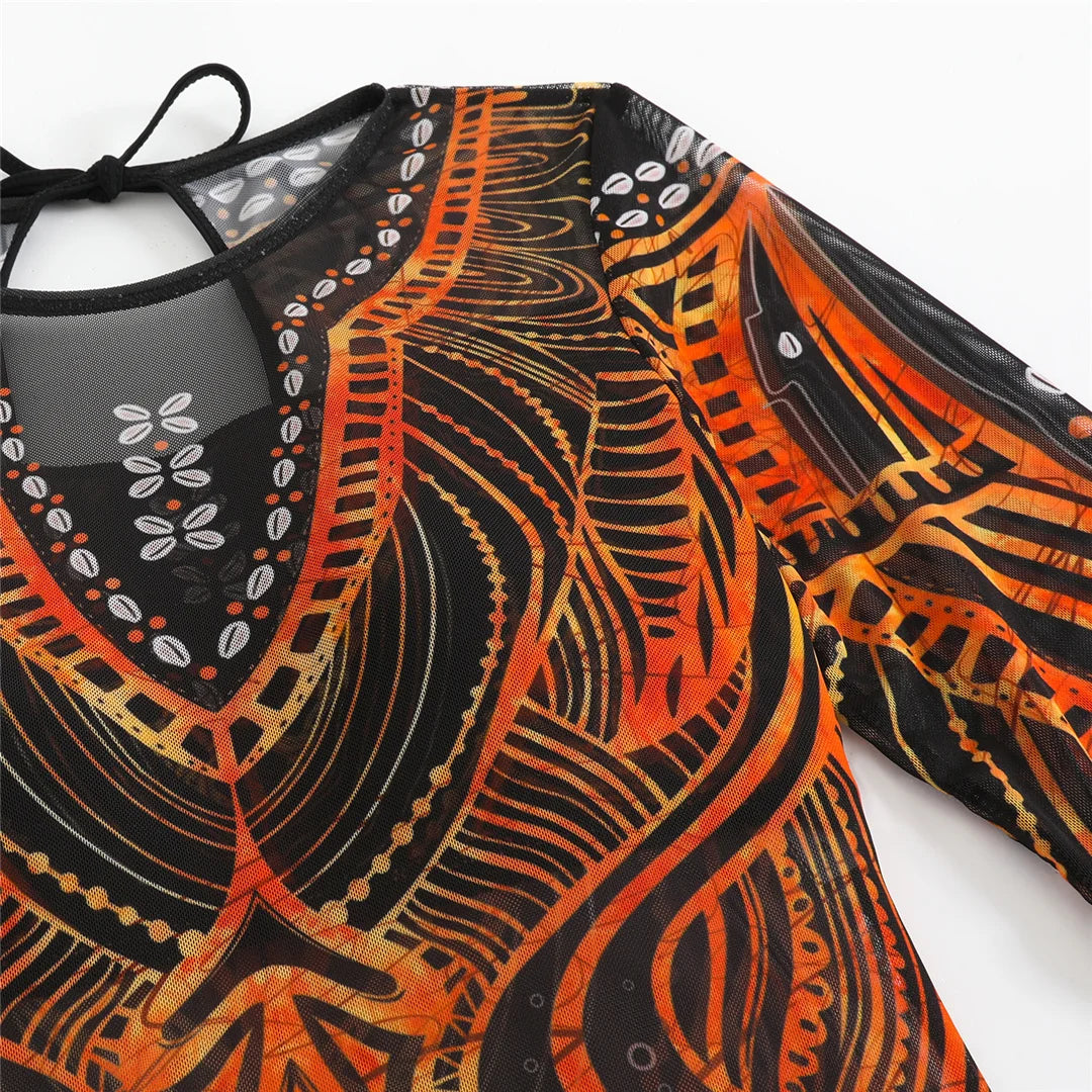 Damen-Badeanzug 3-teilig Print Langarm Sarong-Set gepolstert