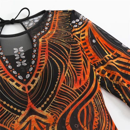 Damen-Badeanzug 3-teilig Print Langarm Sarong-Set gepolstert