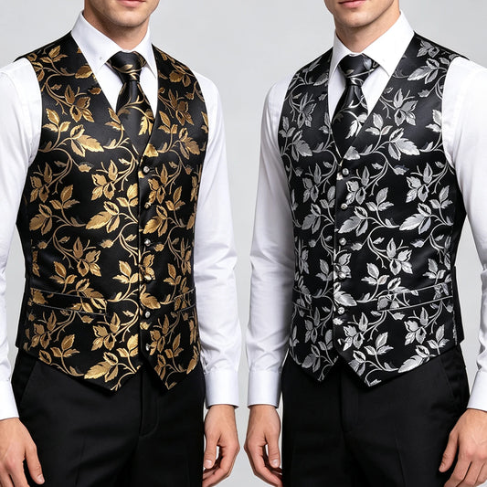 Herrenweste Vierer-Set: schwarze Westen mit gold- und weißfarbenen Blattmustern