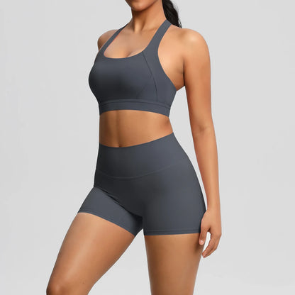 Damen-Sportset mit Crop Top und Shorts, dunkelgrau, nahtbetont