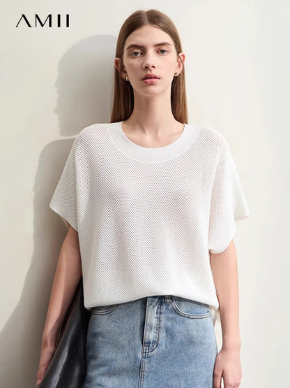 Damen-Rundhalspullover Wolle Aushöhlung locker Streetwear Sommer