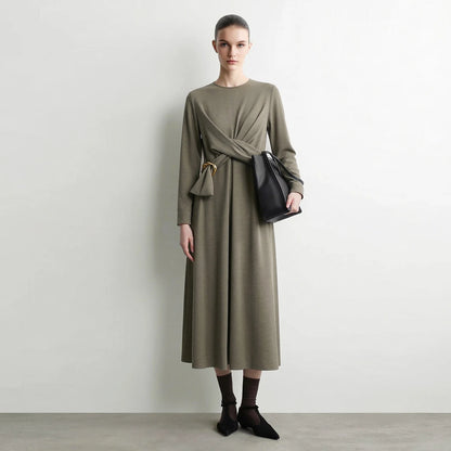 Elegantes Damenkleid Aus Satin Mit Langarm Und D Ring Gürtel Für Freizeit