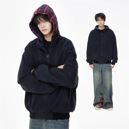 Herbst Plaid Zipper Mit Kapuze Sweatshirts Für Männer Y2K Vintage Streetwear Patchwork Jacken Weibliche Harajuku Mode Hoodies Mäntel