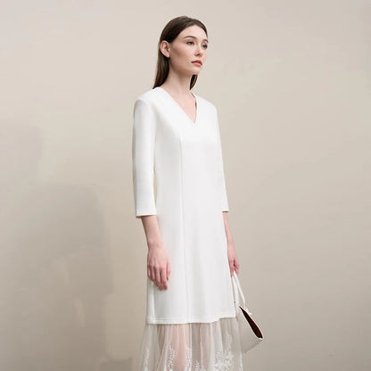 Elegantes Bürokleid Damen Mit V-Ausschnitt Und Spitze Komfortabel