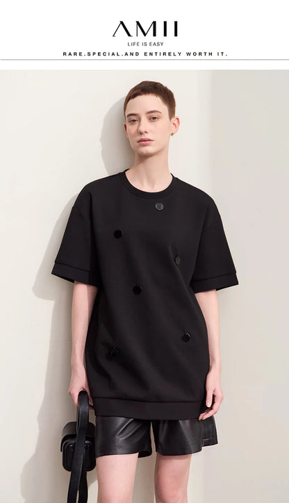 Damen T-Shirts im Minimalismus-Stil mit losem Patchwork und Dekoration