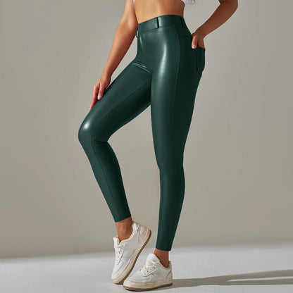 Damen-Leggings aus Kunstleder mit hoher Taille, schmaler Schnitt, tiefgrün