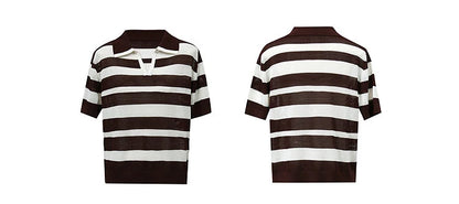 Damen-Polopullover, braun-weiße Streifen; Front- und Rückansicht