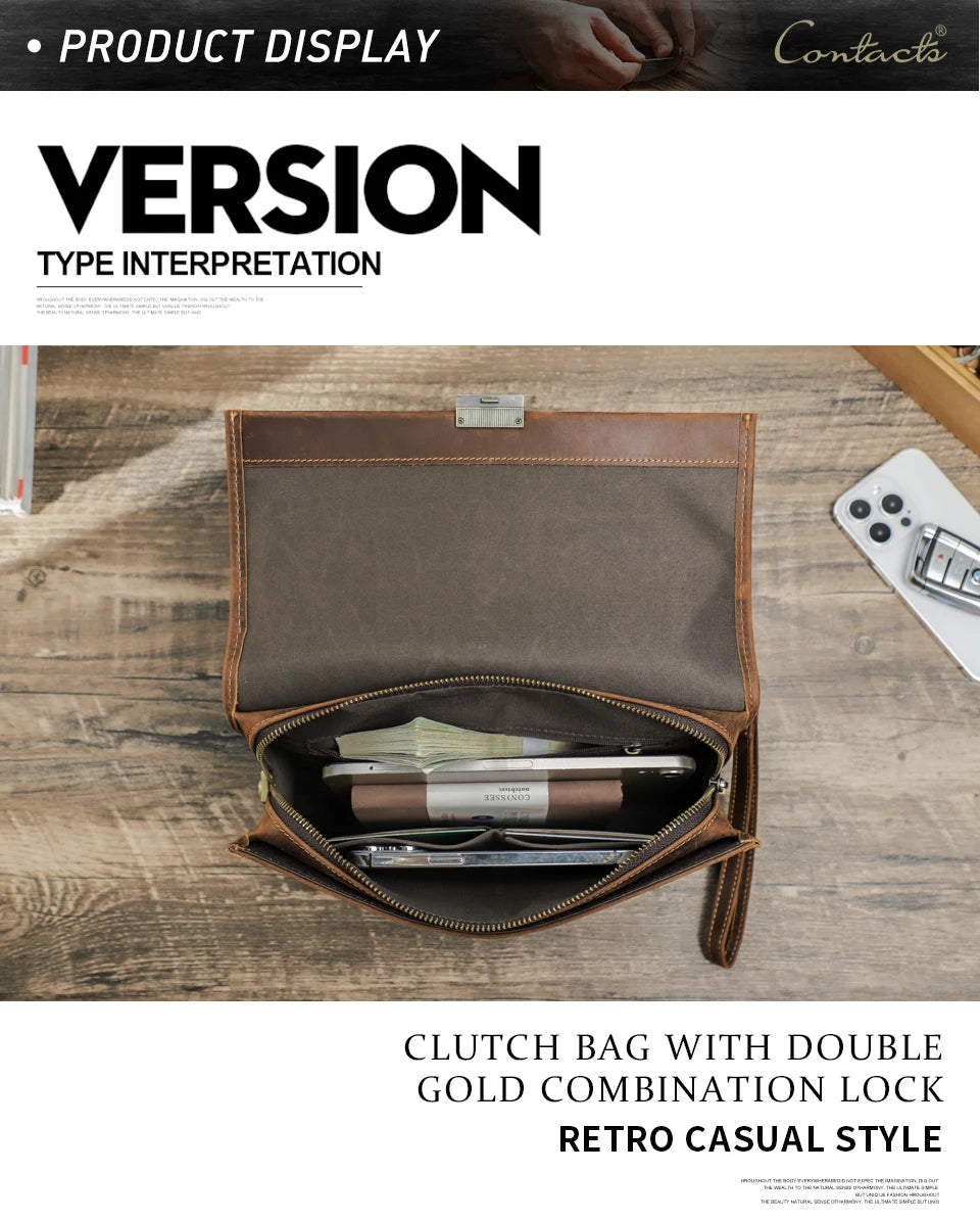 Braune Clutch geöffnet: Innenfächer mit Reißverschluss und Metallkombinationsschloss