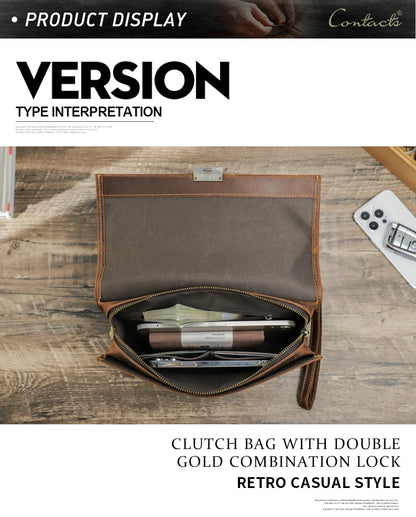 Braune Clutch geöffnet: Innenfächer mit Reißverschluss und Metallkombinationsschloss