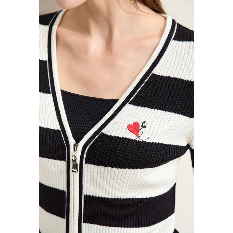 Damen-Strickjacke Kaschmir-Wolle Slim Streifen Reißverschluss Herbst