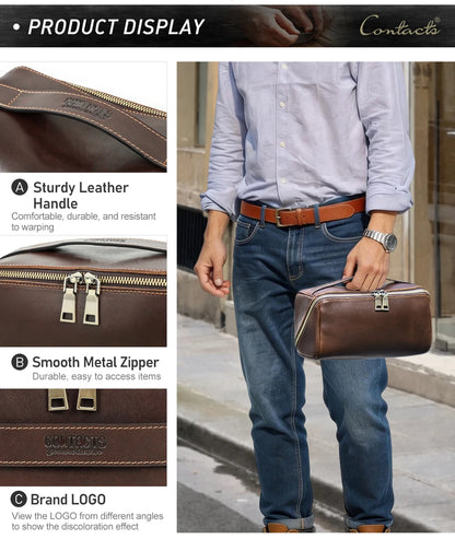 Kaffeebraune Leder-Reisetasche am Handgelenk: stabiler Griff, Reißverschluss und Logo